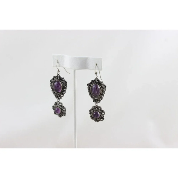 900 Silver Vintage Purple Glass Flower Dangle Drop Earrings - Picture 4 of 5